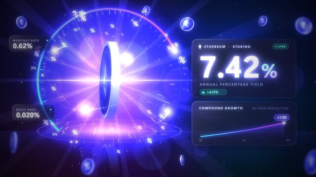 ethereum cryptocurrency staking coin spinning with rising annual percentage yield interface