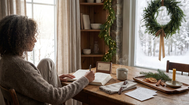 Woman Writing Holiday Plans at Cozy Home Table in Snowy Winter Setting