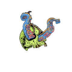 Handrawn colorful illustration of monster octopus tentacles emerging from a skull, street art sticker vector design. © Furqon