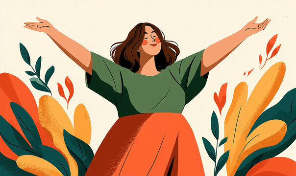 A vector style illustration of a plus sized woman throwing her hands up in joy surrounded by abstract yellow, orange and green foliage.