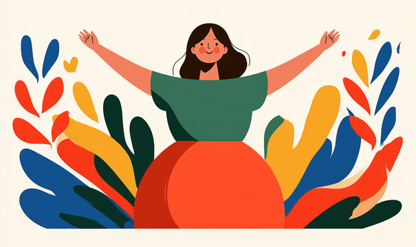 A vector style illustration of a plus sized woman throwing her hands up in joy surrounded by abstract yellow, orange and blue foliage.
