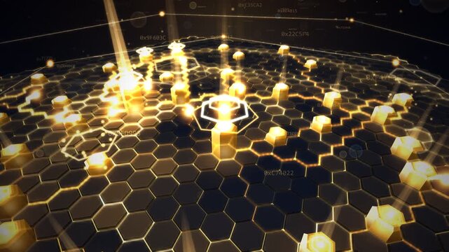 Futuristic Blockchain Hexagon Grid Data Transmission 4K Loop Animation