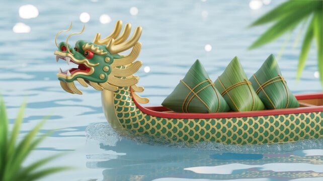 A vibrant 3D rendered dragon boat with three Zongzi dumplings floats on tranquil water. This image celebrates the traditional Chinese Dragon Boat Festival and culture.