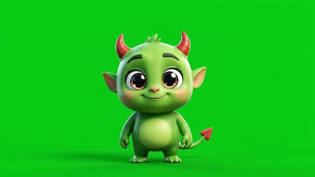 Cute devil cartoon monster standing against vibrant green screen background