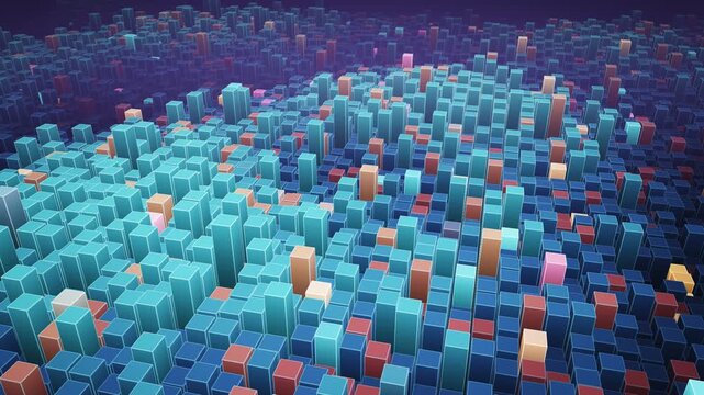 digital data wave grid animation with colorful glowing 3d cube pillars rising and falling