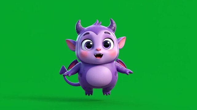 Devil cartoon character with purple skin horns and wings floating against a solid green background