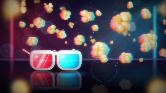 Retro 3D glasses with popcorn floating in front of neon cinema screen background