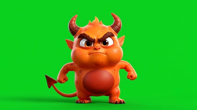 Little devil cartoon character with horns standing angry on green screen