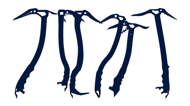 Isolated six different ice axes and technical tools for mountaineering and ice climbing sports.