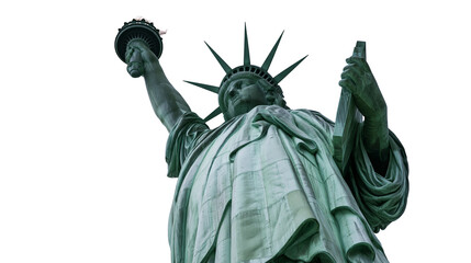 Isolated. Upward view of the majestic Statue of Liberty, a proud symbol of freedom and democracy. © Saoirse
