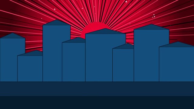 Abstract city skyline animation with rising red sun and glowing rays in flat vector style.