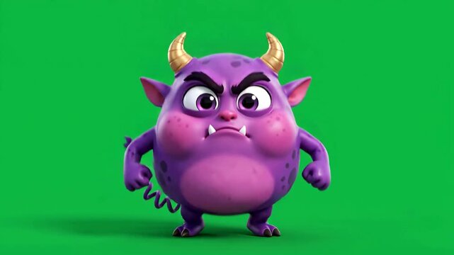 Angry purple devil cartoon monster character with horns and fangs standing on green screen background