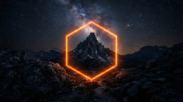 Glowing orange neon hexagon frame surrounding a jagged mountain peak under a starry night sky with the milky way galaxy visible