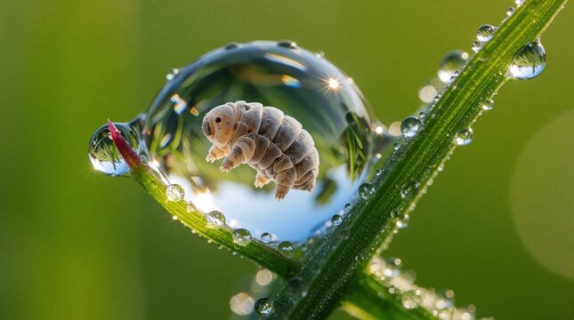 Microscopic tardigrade water bear swims inside large dewdrop on green grass blade. Tiny organism lives in water droplet among morning dew. Macro view shows resilient creature in natural micro world