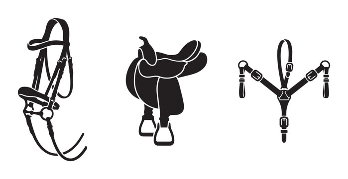 Equestrian tack set with bridle, saddle and martingale, horse gear silhouettes for riding