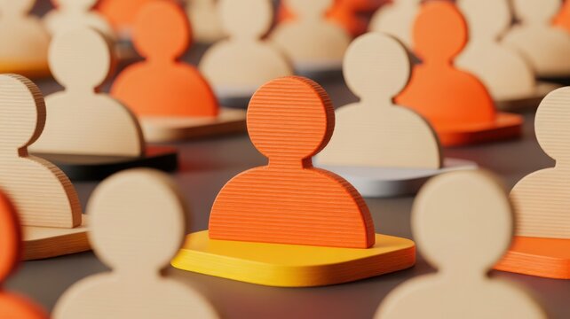 Distinct orange figure stands out in a crowd of beige figures. Business leadership concept.