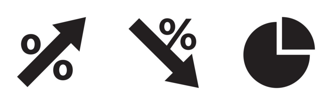 Percentage growth and decline icons set with pie chart, business analytics and finance symbols