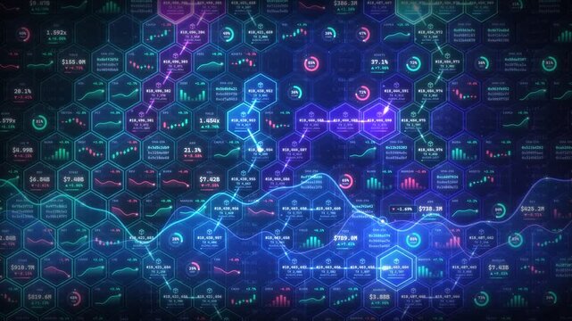 Complex financial report and stock market data visualization on a hexagonal blockchain grid