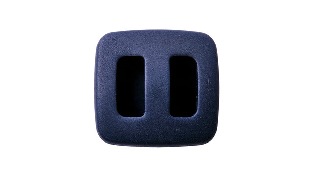 Isolated dark blue plastic fastener or connector component with two rectangular slots