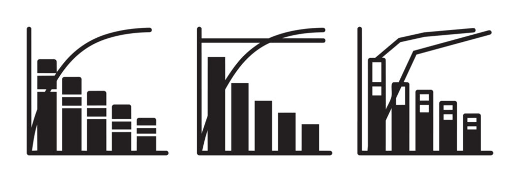 Bar chart icons set with decreasing bars and trend lines for finance, growth, and data analysis