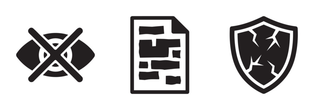 Set of icons with eye crossed out, document and shield for privacy, data and security