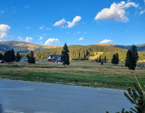 Mountain chalet hotel in wide alpine meadow with spruce trees and golden mountains under blue sky, Transalpina Romania