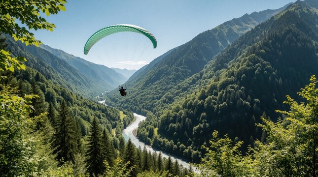 Man paragliding with green wing high above deep valley. Lone paraglider flies over rich forest, winding river between massive mountains. Extreme sport adventurer soars in blue sky during summer