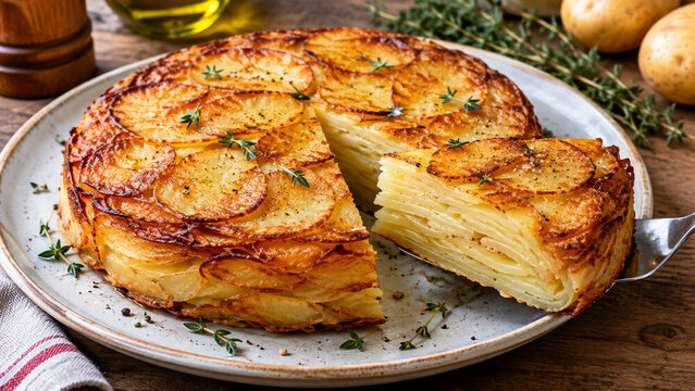 Classic French Pommes Anna Layered Sliced Potato Cake garnished with Herbs
