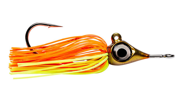 Isolated vibrant orange and yellow skirted fishing jig lure with metallic gold head and hook