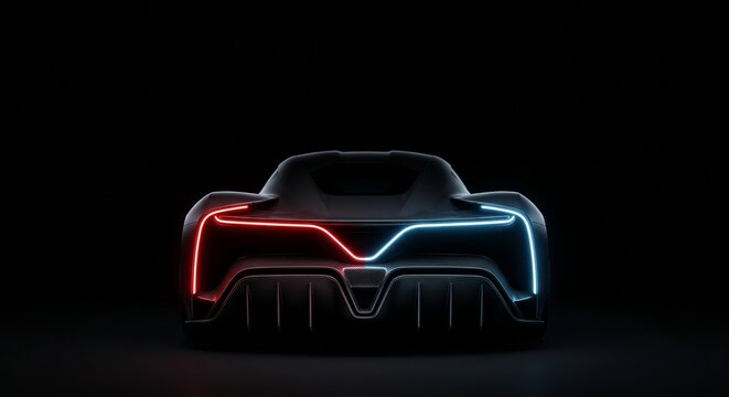 Electric hypercar rear silhouette with sleek LED light strip on black background