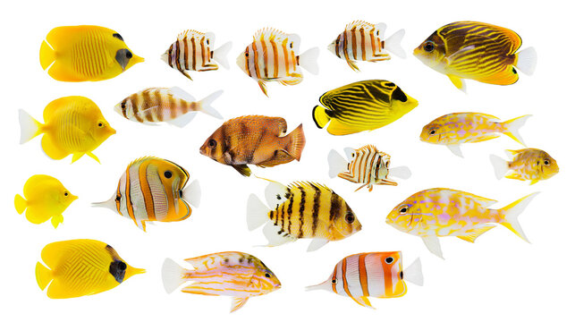Isolated diverse collection of vibrant tropical reef fish species swimming gracefully underwater