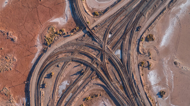 Aerial View of Railway Tracks and Heavy Machinery in an Arid Industrial Site