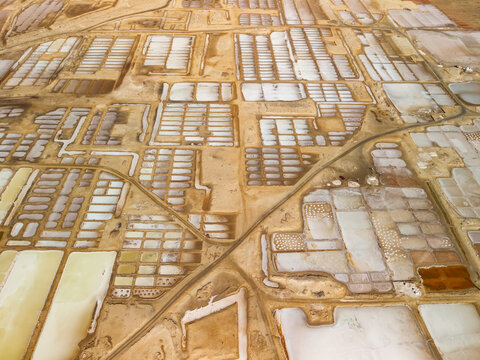 Aerial view of geometric salt pan grids near Santa Maria on Sal
