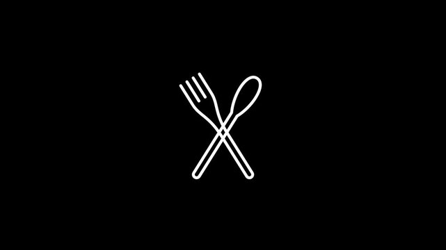 White fork and spoon line icons in grid on black background