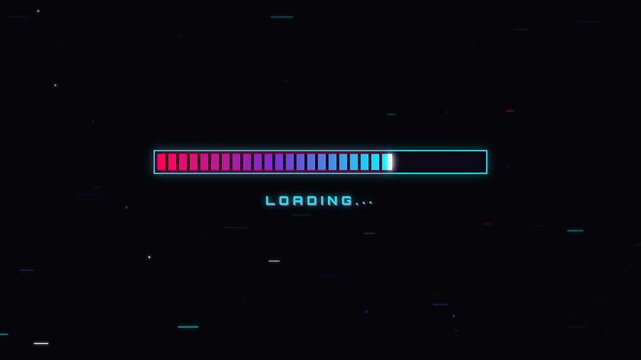 Premium 4K UI animation of a sharp rectangular cyberpunk HUD progress bar with glowing neon pink to cyan gradients, digital data grid segments, and gl.