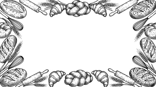 Bakery border frame with hand drawn bread, wheat ears, rolling pins and whisks, vintage engraving style vector illustration