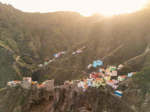 Aerial view of colorful Fontainhas village nestled in steep mountains Cape Verde