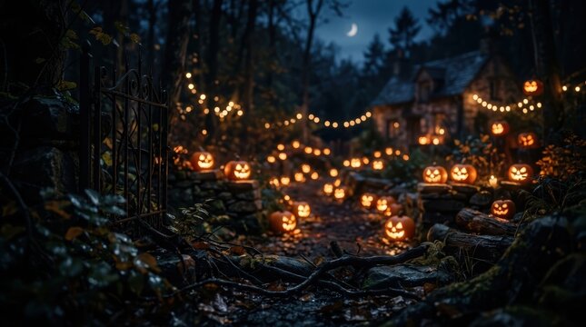 Halloween pumpkin lanterns glowing in a dark forest at night with a moonlit sky