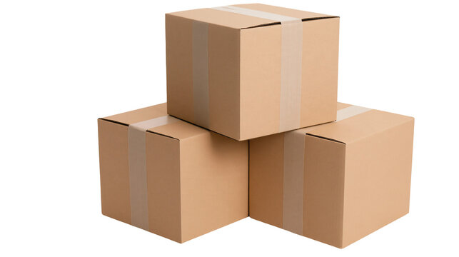 Isolated stack of three brown cardboard shipping boxes taped for secure delivery and storage