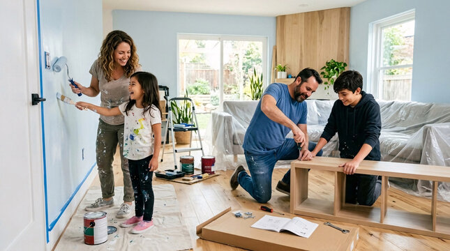 Happy family renovating living room together by painting walls and assembling flat-pack wooden furniture.