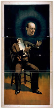 Vintage magic poster featuring a seated headless man in a suit with his glowing severed head floating above him