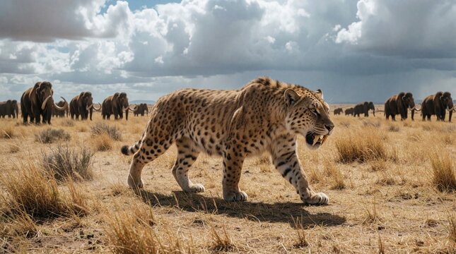 Prehistoric smilodon saber-toothed cat walks across dry savanna. Large predator prowls through grassy plain with huge mammoth herd in background. Ancient wild landscape under cloudy sky shows extinct
