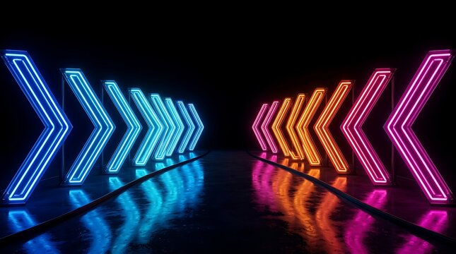 Glowing neon chevron structures in blue, orange, and magenta, arranged in two converging rows on a dark reflective floor surface