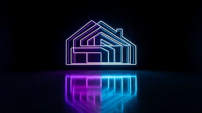 Glowing neon house outline with multiple layered frames in purple and blue, reflecting on a dark glossy surface against a black background