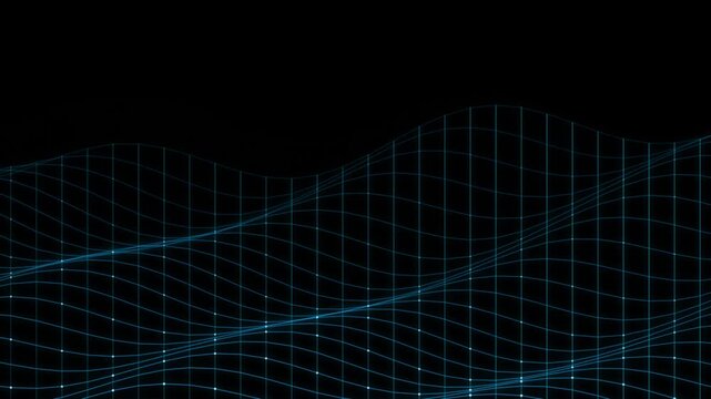 Blue Digital Wireframe Flowing Grid Waves on Dark Background