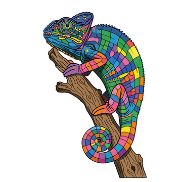 Vibrant Psychedelic Chameleon Vector Art Isolated on Dark Background for T-Shirt and Sticker