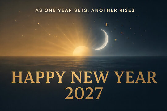 As one year sets another rises happy new year 2027 with a sun and moon horizon view over the ocean on a dark blue night sky background