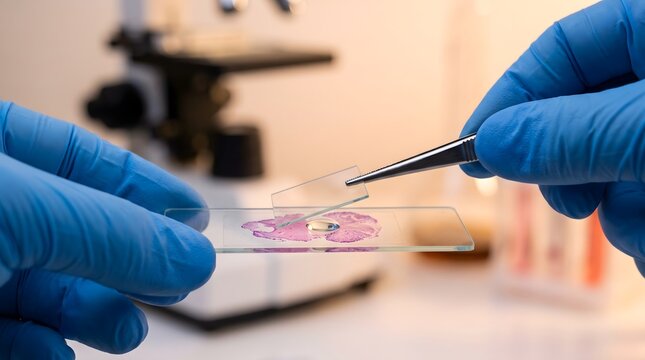 Gloved hands using tweezers to carefully place a glass cover slip over a stained tissue sample on a microscope slide