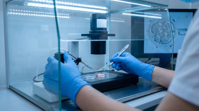 Scientist using micro-manipulators for in vitro fertilization or cellular microinjection inside a laboratory chamber