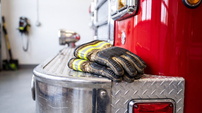 Worn firefighter protective gloves rest on the metal step of a fire engine inside the station. Close-up highlights rugged emergency gear and readiness for duty.